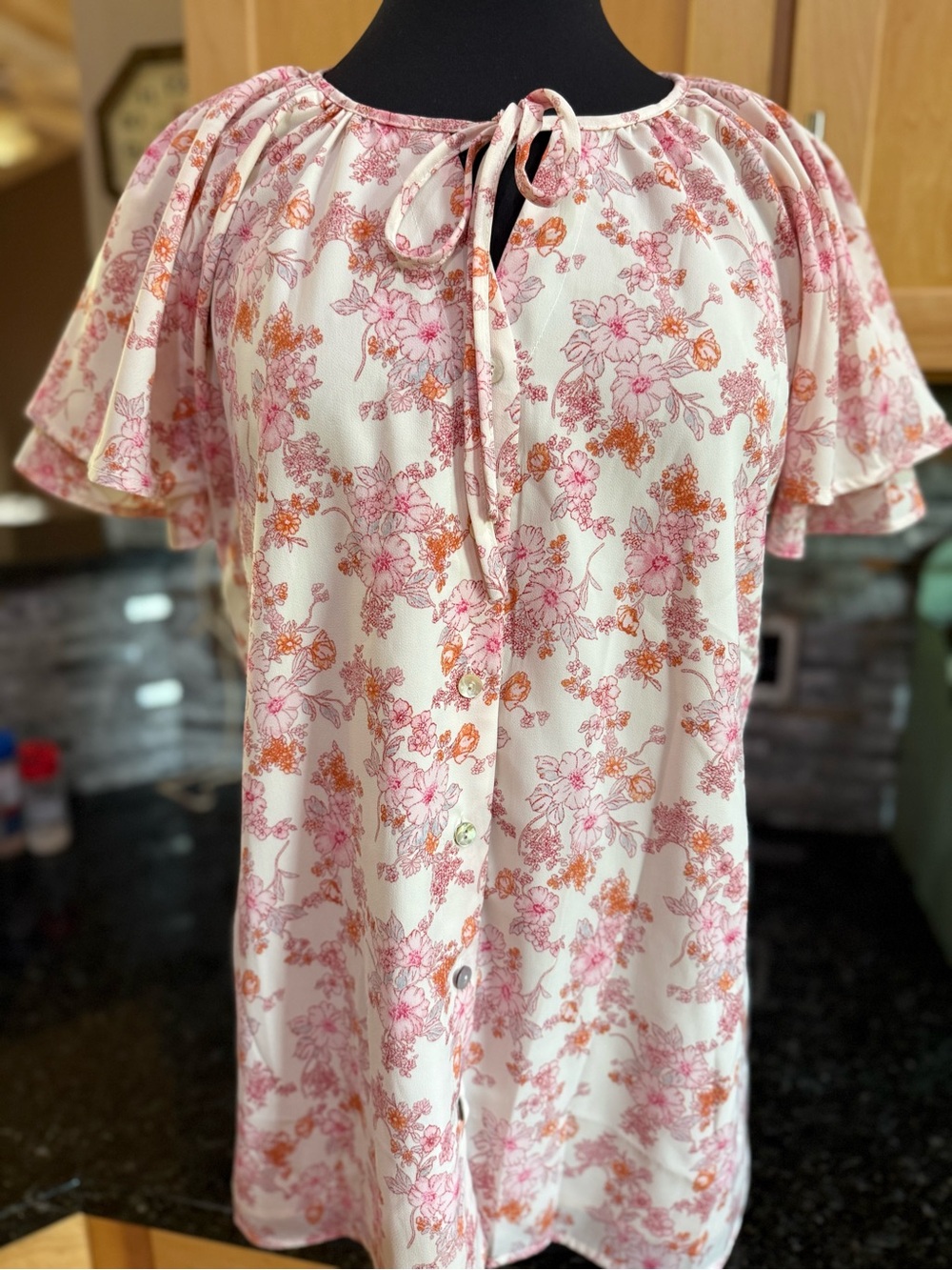 Women’s Floral Tie-Neck Blouse with Bell Sleeves